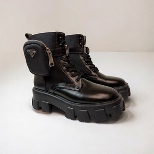 Prada Monolith Black Leather Combat Boots with Pouch Zipper Logo Lace Up EU 38
